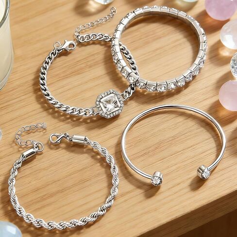 4 Pcs Silver Plated Stackable Bracelets Set for Women Cubic Zirconia Tennis Rope Chain Layering Bangle Adjustable Jewelry (Pack of 4) in Saudi Arabia