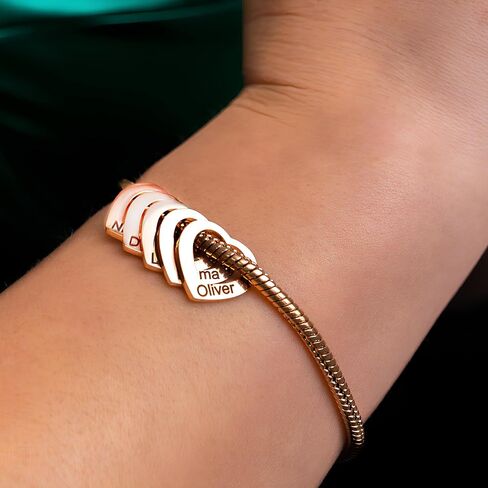 Personalized Bangle Bracelet for Mom – Custom Heart Charm Bracelet with 1–20 Engraved Names – Adjustable Bracelet for Women – Gift for Mom, Grandma, Wife in Silver, Gold, Rose Gold in Saudi Arabia