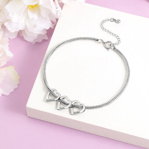 Personalized Bangle Bracelet for Mom – Custom Heart Charm Bracelet with 1–20 Engraved Names – Adjustable Bracelet for Women – Gift for Mom, Grandma, Wife in Silver, Gold, Rose Gold in Saudi Arabia