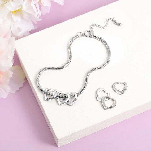 Personalized Bangle Bracelet for Mom – Custom Heart Charm Bracelet with 1–20 Engraved Names – Adjustable Bracelet for Women – Gift for Mom, Grandma, Wife in Silver, Gold, Rose Gold in Saudi Arabia