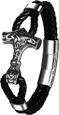 أساور OIDEA للرجال العتيقة Thor's Hammer: سوار معصم مضفر من الجلد القوطي الشرير مع مشبك نورس تميمة مجوهرات هدايا للأب والزوج والحبيب والصديق in Saudi Arabia