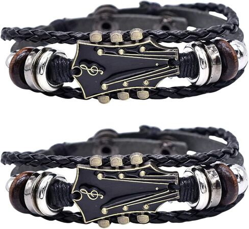 2/3 Pcs Retro Faux Leather Punk Guitar Leather Bracelet, Zinc Alloy Rock Music Bracelet, Handmade Braided Multi-Layer Wrap Bracelet for Men in Saudi Arabia