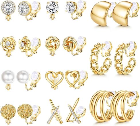 Florideco 11 Pairs Clip on Earrings for Women Hypoallergenic 14K Gold Plated Chunky Clip on Hoop Earrings for Non Pierced Ears Rhinestone Knot Flower Fake Stud Earring Set Ear Clips Jewelry in Saudi Arabia