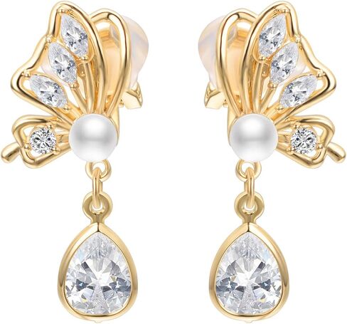 Yoursfs White Pearl Butterfly Clip on Dangle Earrings for Women Gold/Silver Plated Rhinestone Teardrop Earring Dainty Jewelry in Saudi Arabia
