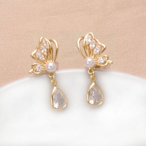 Yoursfs White Pearl Butterfly Clip on Dangle Earrings for Women Gold/Silver Plated Rhinestone Teardrop Earring Dainty Jewelry in Saudi Arabia