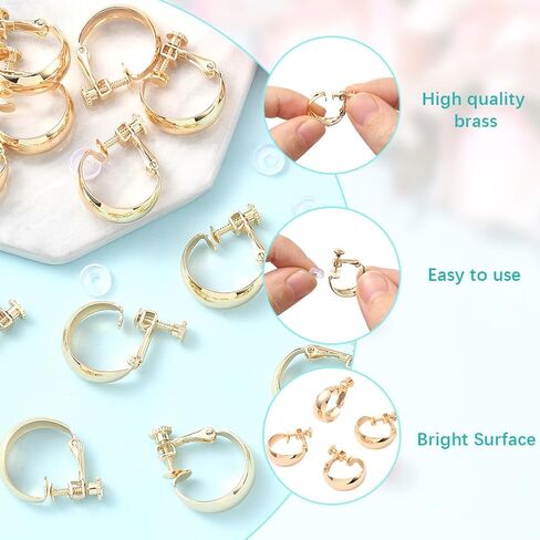 Beebeecraft 1 Box 12Pcs Clip On Hoop Earrings 18K Gold Plated Brass Screw Non-Pierced Clip-on Chunky Huggie Earring with 12Pcs Ear Pads for Gift Women in Saudi Arabia