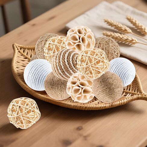 12 Pcs Decorative Balls for Bowls, Assorted Bowl Fillers Vase Fillers for Centerpieces, Natural Rattan Wicker Jute Decorative Balls for Home Garden Wedding Party Table Decor in Saudi Arabia