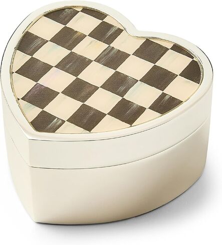 MACKENZIE-CHILDS Silver-Plated, Small Storage Box for Jewelry, Keepsakes, Ring Storage, or Gift Giving, Black-and-White Courtly Check Heart in Saudi Arabia