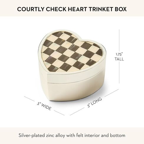 MACKENZIE-CHILDS Silver-Plated, Small Storage Box for Jewelry, Keepsakes, Ring Storage, or Gift Giving, Black-and-White Courtly Check Heart in Saudi Arabia