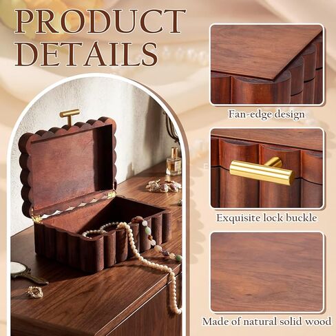 Nosiny Scalloped Wooden Jewelry Box Trinket Organizer with Lid Fan Shaped Decorative Storage Box for Keepsake, Rings, Earrings, Photos, Home Nightstand Dresser Display, 7.25 x 10 x 3.88 Inches in Saudi Arabia