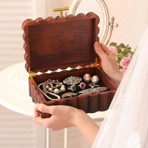 Nosiny Scalloped Wooden Jewelry Box Trinket Organizer with Lid Fan Shaped Decorative Storage Box for Keepsake, Rings, Earrings, Photos, Home Nightstand Dresser Display, 7.25 x 10 x 3.88 Inches in Saudi Arabia