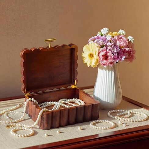 Nosiny Scalloped Wooden Jewelry Box Trinket Organizer with Lid Fan Shaped Decorative Storage Box for Keepsake, Rings, Earrings, Photos, Home Nightstand Dresser Display, 7.25 x 10 x 3.88 Inches in Saudi Arabia