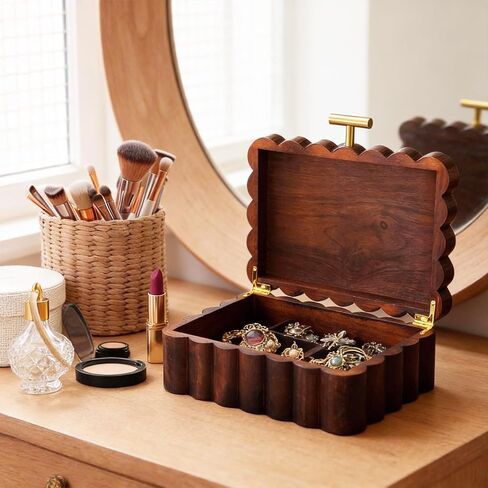 Nosiny Scalloped Wooden Jewelry Box Trinket Organizer with Lid Fan Shaped Decorative Storage Box for Keepsake, Rings, Earrings, Photos, Home Nightstand Dresser Display, 7.25 x 10 x 3.88 Inches in Saudi Arabia