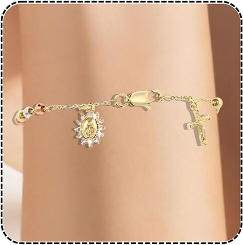 J&H DiaJuvelo Rosary Bead Cross Bracelet 14k Gold Plated Virgin Mary Bracelets Non Tarnish Religious Catholic Virgen de Guadalupe Jewelry Catolicos Rosarios Confirmation Baptism Charm Gifts for Women in Saudi Arabia