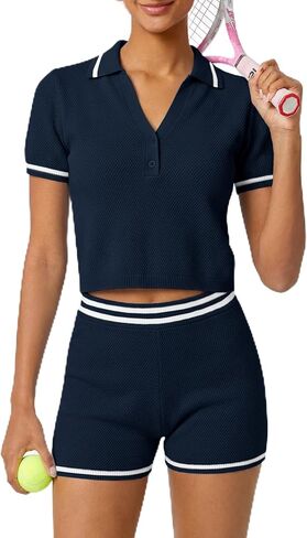 TQD Tennis Workout Sets for Women 2 Piece Athletic Shorts Set Short Sleeve Matching Knit Lounge Casual Outfits Trendy 2026 in Saudi Arabia
