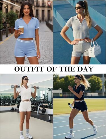 TQD Tennis Workout Sets for Women 2 Piece Athletic Shorts Set Short Sleeve Matching Knit Lounge Casual Outfits Trendy 2026 in Saudi Arabia
