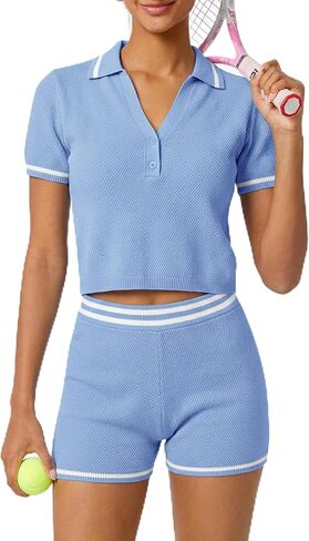 TQD Tennis Workout Sets for Women 2 Piece Athletic Shorts Set Short Sleeve Matching Knit Lounge Casual Outfits Trendy 2026 in Saudi Arabia