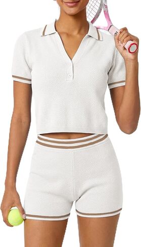 TQD Tennis Workout Sets for Women 2 Piece Athletic Shorts Set Short Sleeve Matching Knit Lounge Casual Outfits Trendy 2026 in Saudi Arabia