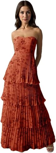 Floral Printed Prom Dress for Women Formal Strapless Tiered Ruffles Chiffon Evening Party Gown in Saudi Arabia