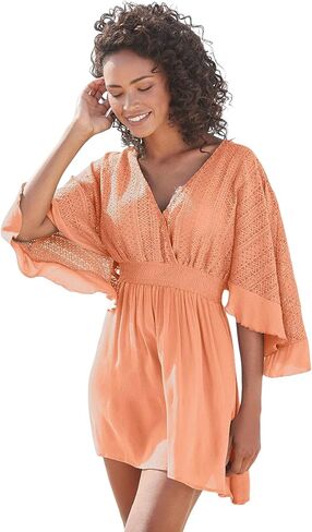 LASCANA Women's Flowy Lace Dress with Crossover V-Neck, Tassle Tie Closure, Smocked Empire Waistband in Saudi Arabia