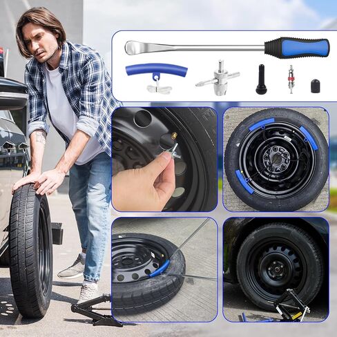 طقم ملعقة إطارات مقاس 11.5 بوصة، 26 قطعة أداة تغيير الإطارات للدراجات النارية والدراجات الترابية والجرارات والدراجات النارية، أداة إزالة الإطارات لتغيير إطارات الدراجات النارية مع 3 قطع من أغطية الحواف و6 قطع من صمامات أداة الصمامات (أزرق) in Kuwait