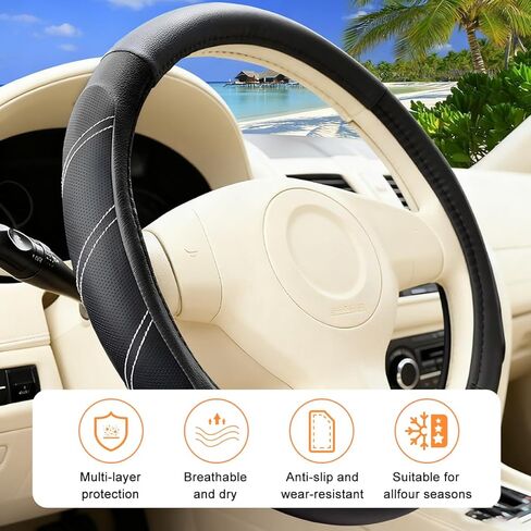 Car Steering Wheel Cover, 14.5-15" Non-Slip Leather Sporty Vehicle Steering Wheel Protector, Breathable Auto Interior Decoration Accessories, Universal for Van Truck Sedan (Black) in Saudi Arabia