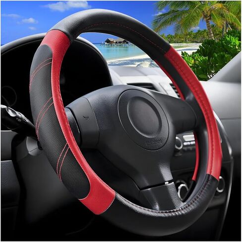 Car Steering Wheel Cover, 14.5-15" Non-Slip Leather Sporty Vehicle Steering Wheel Protector, Breathable Auto Interior Decoration Accessories, Universal for Van Truck Sedan (Black) in Saudi Arabia