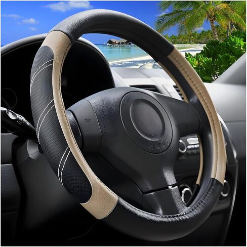 Car Steering Wheel Cover, 14.5-15" Non-Slip Leather Sporty Vehicle Steering Wheel Protector, Breathable Auto Interior Decoration Accessories, Universal for Van Truck Sedan (Black) in Saudi Arabia