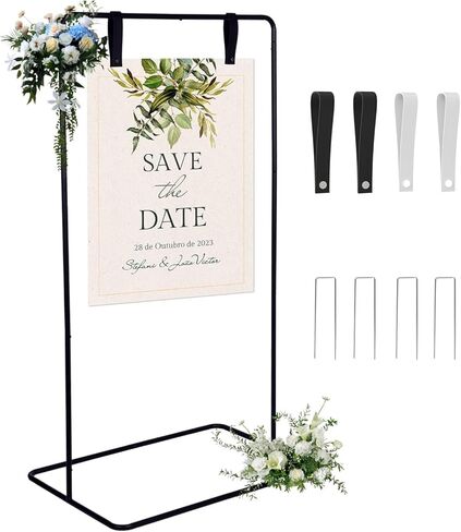 Wedding Welcome Sign Stand, Adjustable Welcome To Our Wedding Sign Stand, 68"x 30"x 20"Welcome Sign Holder with Ground Stakes & PU Leather Sign Hanging Straps, Sturdy Metal Hanging Sign Stand, Black Easel Stand for Heavy Signs in Saudi Arabia