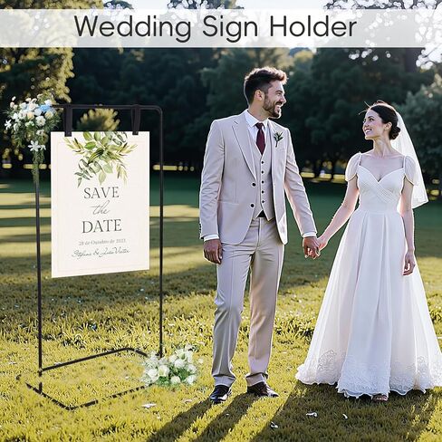 Wedding Welcome Sign Stand, Adjustable Welcome To Our Wedding Sign Stand, 68"x 30"x 20"Welcome Sign Holder with Ground Stakes & PU Leather Sign Hanging Straps, Sturdy Metal Hanging Sign Stand, Black Easel Stand for Heavy Signs in Saudi Arabia