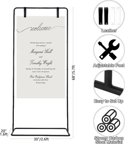 Wedding Welcome Sign Stand, Adjustable Welcome To Our Wedding Sign Stand, 68"x 30"x 20"Welcome Sign Holder with Ground Stakes & PU Leather Sign Hanging Straps, Sturdy Metal Hanging Sign Stand, Black Easel Stand for Heavy Signs in Saudi Arabia