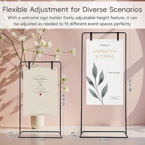 Wedding Welcome Sign Stand, Adjustable Welcome To Our Wedding Sign Stand, 68"x 30"x 20"Welcome Sign Holder with Ground Stakes & PU Leather Sign Hanging Straps, Sturdy Metal Hanging Sign Stand, Black Easel Stand for Heavy Signs in Saudi Arabia