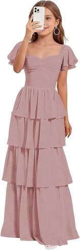 Junior Bridesmaid Dresses for Teen Girls Long Tiered Ruffle Girls Formal Dress Chiffon Wedding Guest Party Gowns in Saudi Arabia