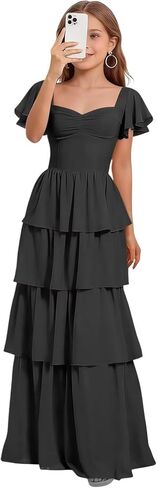 فساتين وصيفات العروس الصغيرة للفتيات المراهقات فستان رسمي طويل مكشكش ذو طبقات من الشيفون لحفلات الزفاف للضيوف in Kuwait