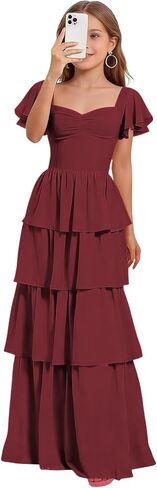 Junior Bridesmaid Dresses for Teen Girls Long Tiered Ruffle Girls Formal Dress Chiffon Wedding Guest Party Gowns in Saudi Arabia