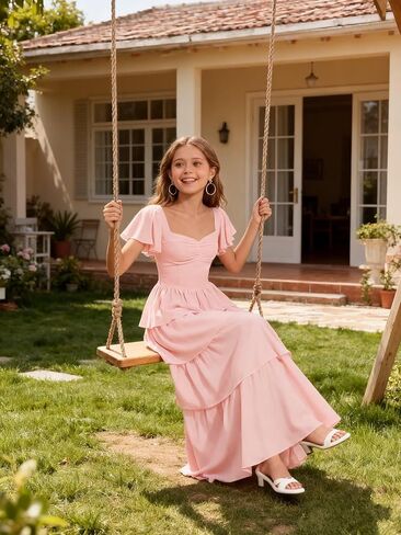 Junior Bridesmaid Dresses for Teen Girls Long Tiered Ruffle Girls Formal Dress Chiffon Wedding Guest Party Gowns in Saudi Arabia
