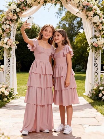 Junior Bridesmaid Dresses for Teen Girls Long Tiered Ruffle Girls Formal Dress Chiffon Wedding Guest Party Gowns in Saudi Arabia