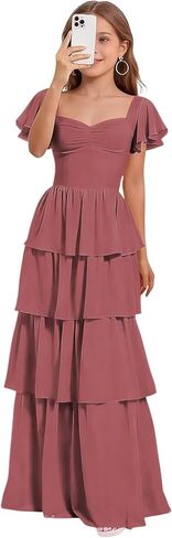 Junior Bridesmaid Dresses for Teen Girls Long Tiered Ruffle Girls Formal Dress Chiffon Wedding Guest Party Gowns in Saudi Arabia