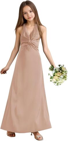 فستان وصيفة العروس من الساتان الحريري لأعياد الميلاد مطوي على شكل حرف a فستان ماكسي لحفلات الزفاف على شكل حرف v فساتين فتاة الزهور in Kuwait