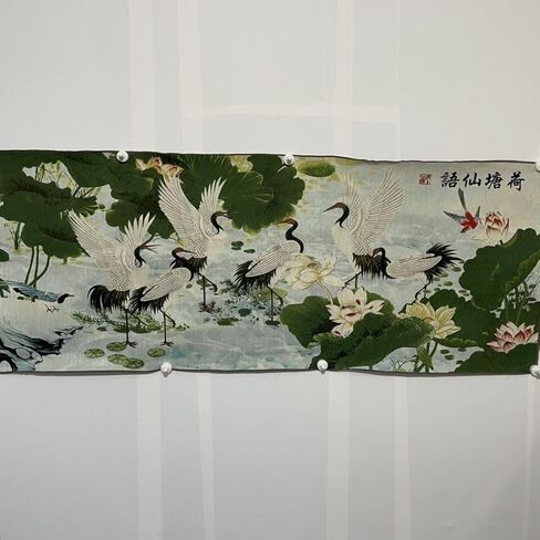 Chinese Embroidered Lotus Pond with Cranes Wall Hanging, Traditional Asian Art Tapestry, 60x160cm in Saudi Arabia
