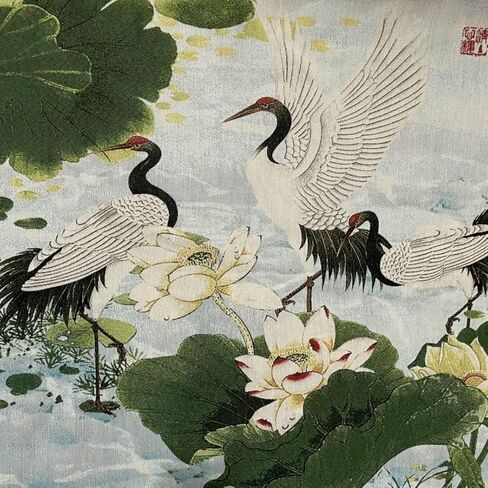 Chinese Embroidered Lotus Pond with Cranes Wall Hanging, Traditional Asian Art Tapestry, 60x160cm in Saudi Arabia