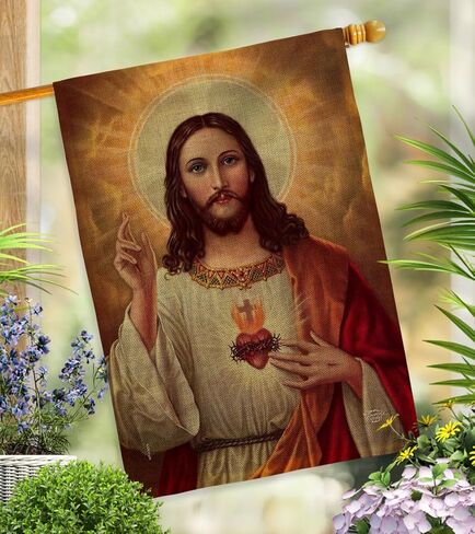 Feast of Sacred Heart of Jesus Burlap Flag Tapestry Burlap Wall Hanging Decor Home Porch Religious Canvas Room Tapestry Faith Fathers Day Cemetery Decoration for Grave Yard Catholic Gifts in Saudi Arabia