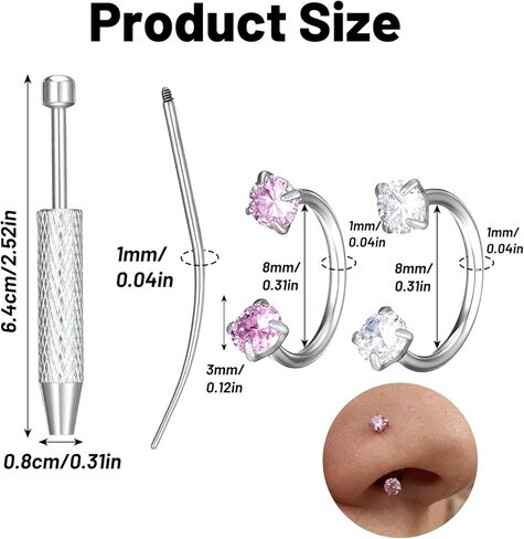 Horse Shoe Nose Rings for Women, Surgical Steel Nose Ring, 18g Pink Cubic Zirconia Noses Piercing, Silver Cartilage Helix Tragus Earring Hoops, Lip Eyebrow Helix Ear Piercing Jewelry in Saudi Arabia