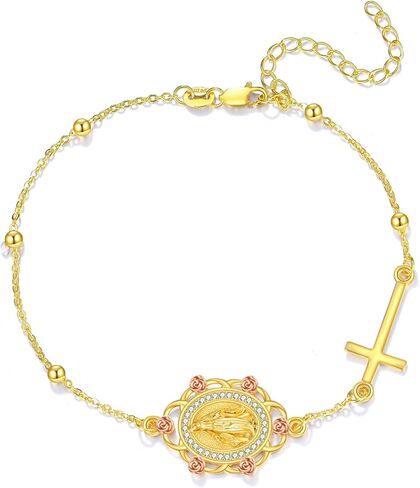 Virgin Mary Bracelet Sterling Silver Gold Plated Virgen de Guadalupe Cross Bracelet Adjustable Religious Amulet Medal Jewelry Gifts for Women in Saudi Arabia