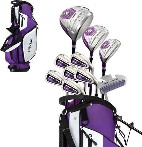 Precise M5 Ladies Womens Complete Right Handed Golf Clubs Set Includes Titanium Driver, S.S. Fairway, S.S. Hybrid, S.S. 5-PW Irons, Putter, Stand Bag, 3 H/C's Purple in Kuwait
