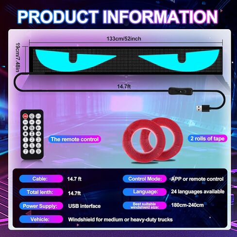 52in*7.48in Devil Eyes Light for Windshield, Remote + APP Dual Control, Customizable Dynamic led Eyes for Truck Windshield (Suitable for Cars and Trucks) Gift for Man and Women in Saudi Arabia