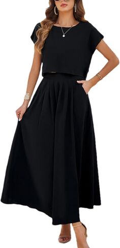 HangNiFang تنورة الصيف مجموعات النساء 2 قطعة ملابس كاب كم أعلى مرونة الخصر ماكسي أطقم فساتين مع جيوب in Kuwait