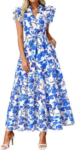 dowerme Women Summer Maxi Dresses 2026 Ruffle Sleeve V Neck Floral Boho Long Dress Belted Tiered Sundress with Pockets in Saudi Arabia