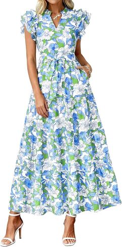 dowerme Women Summer Maxi Dresses 2026 Ruffle Sleeve V Neck Floral Boho Long Dress Belted Tiered Sundress with Pockets in Saudi Arabia