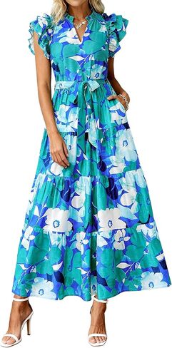 dowerme Women Summer Maxi Dresses 2026 Ruffle Sleeve V Neck Floral Boho Long Dress Belted Tiered Sundress with Pockets in Saudi Arabia